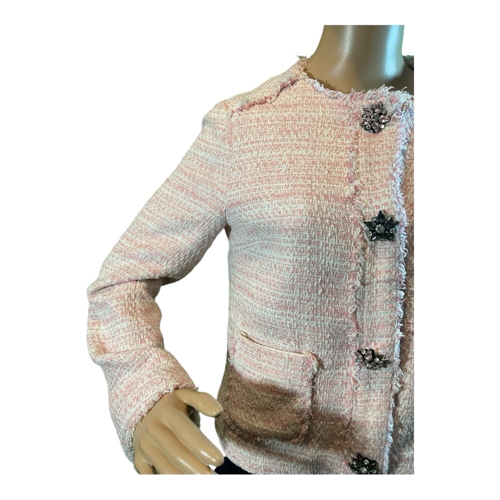 Zara Basic Women’s Size Small Long Sleeve Pink and White Tweed Short Jacket - Picture 4 of 15